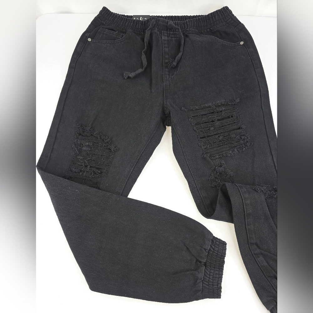 NWT 8th Of LA Black Distressed Jogger Boyfriend Jeans Pull-On Drawstring 3351-P